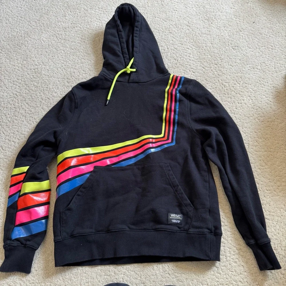 Wesc Mike Retro Stripes Hoodie Black Pullover Mens S Womens M Neon Rainbow - Picture 1 of 13